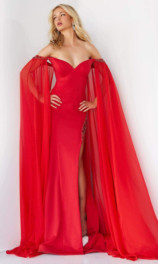 jovani 07652 cascading drape off shoulder gown special occasion dress 00 red